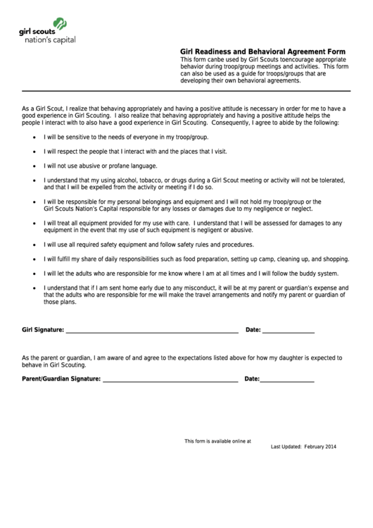 Fillable Girl Readiness And Behavioral Agreement Form Printable pdf