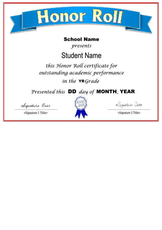 Fillable Honor Roll Certificate Template - Fillable Printable pdf