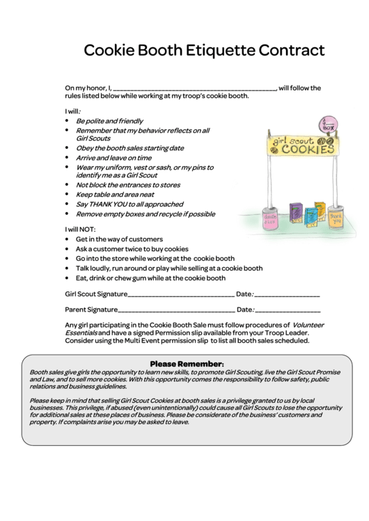 Cookie Booth Etiquette Contract Form Printable pdf