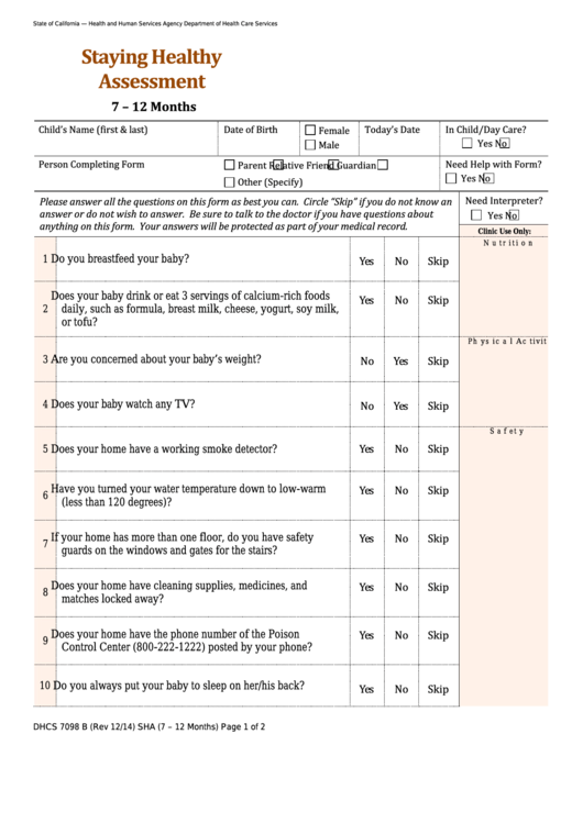 Form Dhcs 7098 B - California Staying Healthy Assessment - Health And Human Services Agency Printable pdf