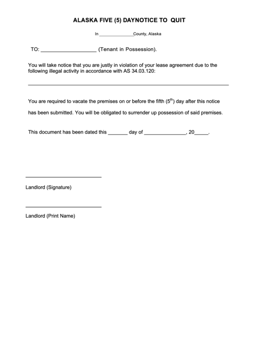 Fillable Alaska Five (5) Day Notice To Quit Form Printable pdf