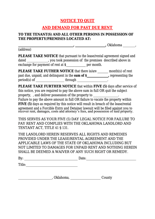Notice To Quit And Demand For Past Due Rent Form Printable pdf