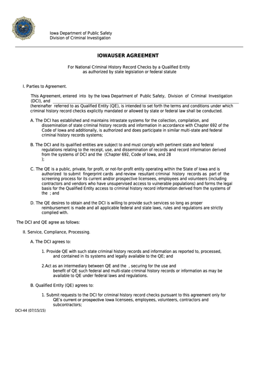 Form Dci-44 - Iowa User Agreement - Iowa Division Of Criminal Investigation Printable pdf