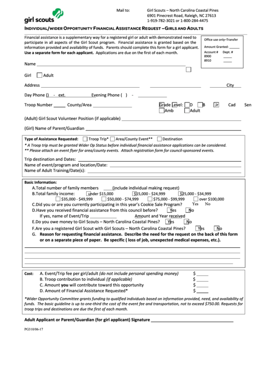 Fillable Form Pg310 - Individual/wider Opportunity Financial Assistance Request - Girls And Adults Printable pdf