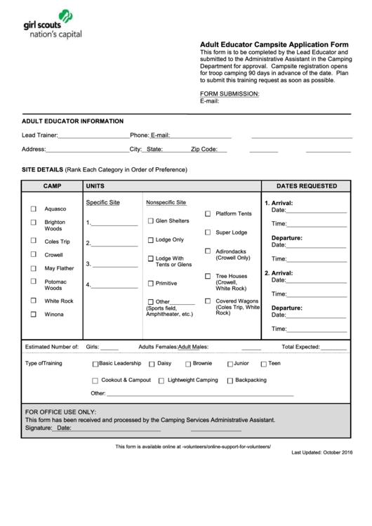 Fillable Adult Educator Campsite Application Form Printable pdf