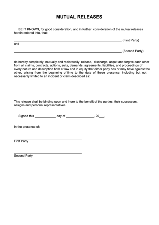 Mutual Release Form Printable pdf