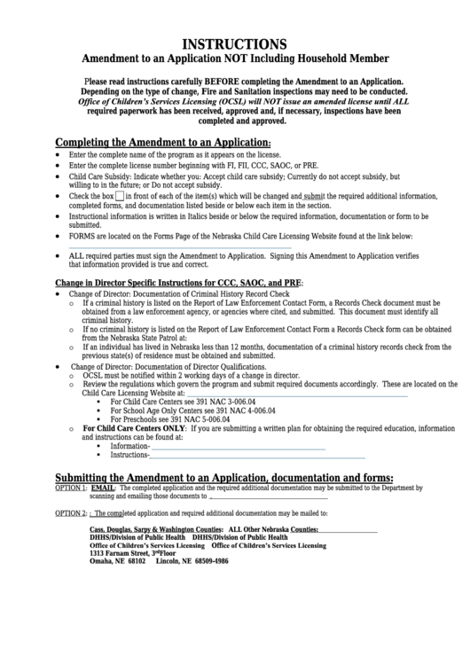 Fillable Amendment To An Application Not Household Member - Dhhs Printable pdf
