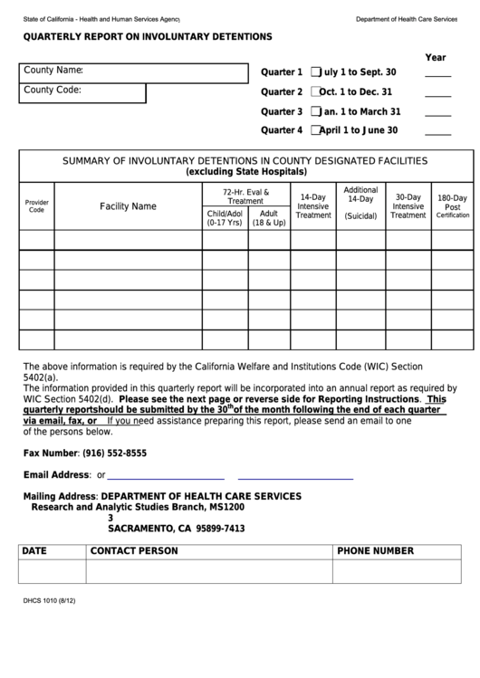 Fillable Form Dhcs 1010 - California Quarterly Report On Involuntary Detentions - Health And Human Services Agency Printable pdf