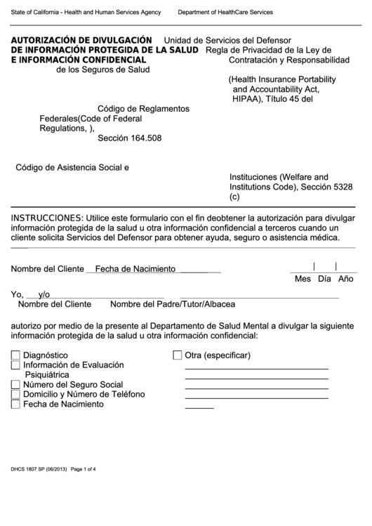Dhcs 1807 Sp - California Autorizacion De Divulgacion De Informacion Protegida De La Salud E Informacion Confidencial - Health And Human Services Agency Printable pdf