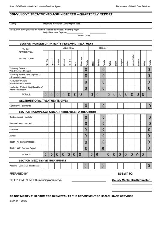 Fillable Form Dhcs 1011 - Califronia Convulsive Treatments Administered Quarterly Report - Health And Human Services Agency Printable pdf