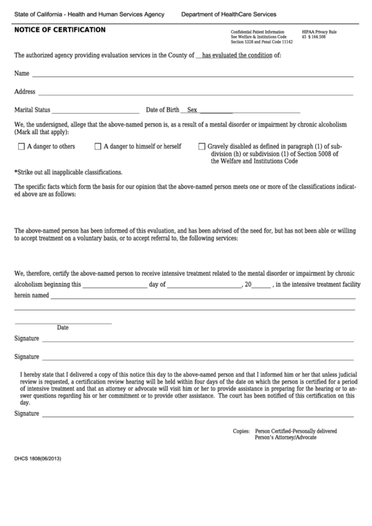 Form Dhcs 1808 - California Notice Of Certification - Health And Human Services Agency Printable pdf