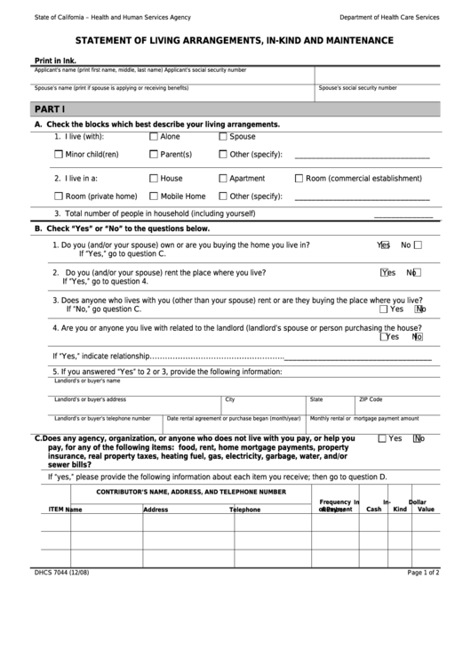 Form Dhcs 7044 - California Statement Of Living Arrangements In-Kind And Maintenance - Health And Human Services Agency Printable pdf