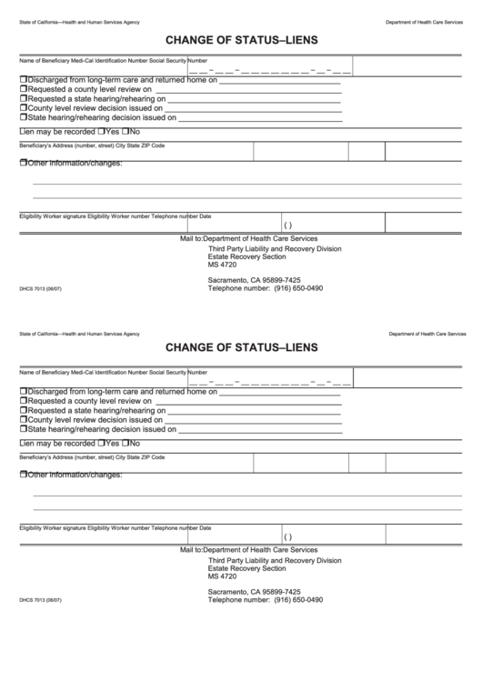 Fillable Form Dhcs 7013 - California Change Of Status Liens - Health And Human Services Agency Printable pdf