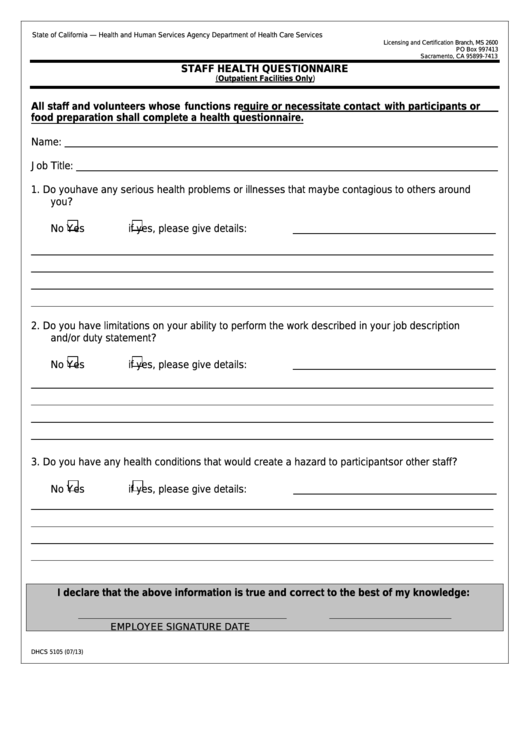 Form Dhcs 5105 - California Staff Health Questionnaire - Health And Human Services Agency Printable pdf