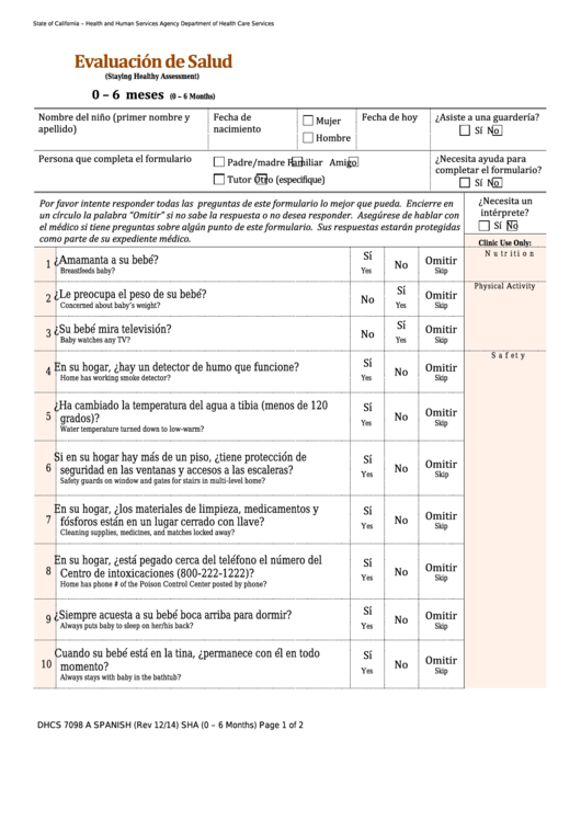Form Dhcs 7098 - California Evaluacion De Salud - Health And Human Services Agency Printable pdf
