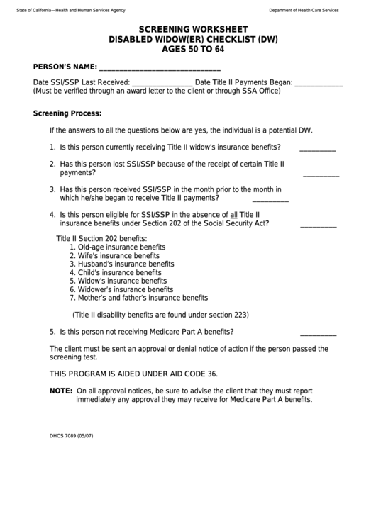 Form Dhcs 7089 - California Screening Worksheet Disabled Widow-Er Checklist Ages 50 To 64 - Health And Human Services Agency Printable pdf