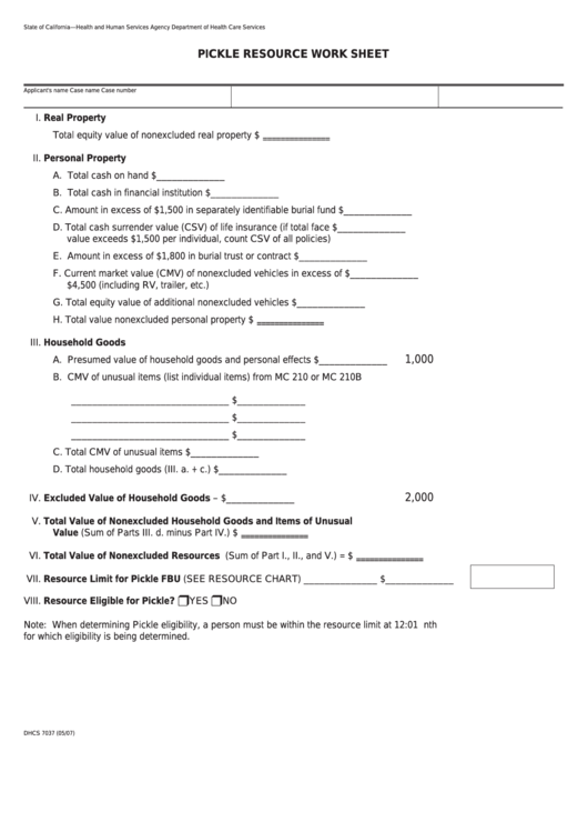 Form Dhcs 7037 - California Pickle Resource Work Sheet - Health And Human Services Agency Printable pdf