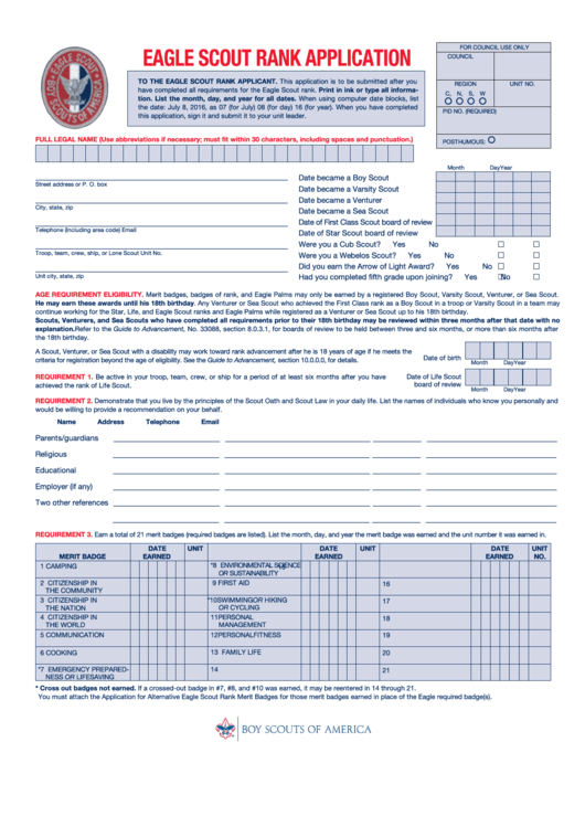 Fillable Eagle Scout Rank Application Form Printable pdf