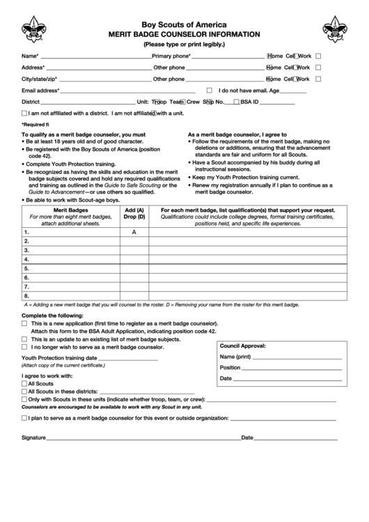 Fillable Boy Scouts Of America Merit Badge Counselor Application Printable pdf