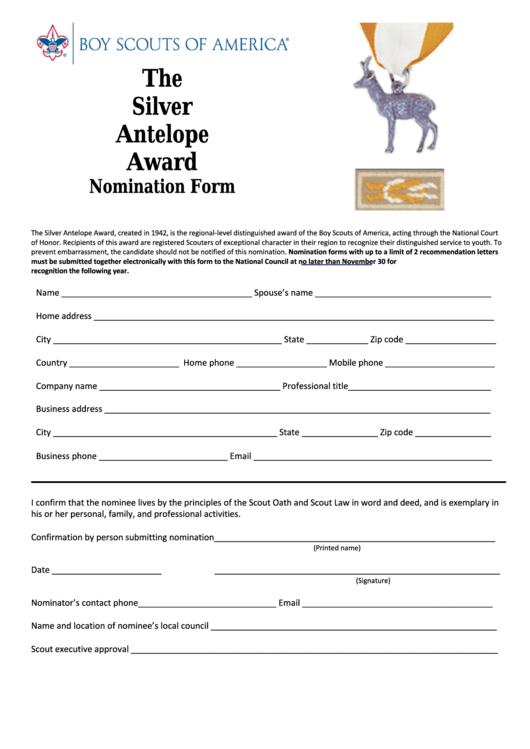 Fillable Bsa The Silver Antelope Award Nomination Form Printable pdf