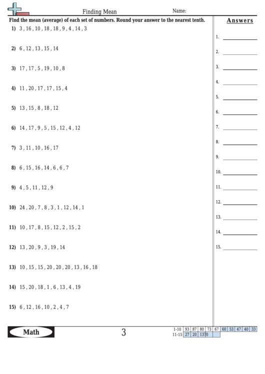 Finding Mean Worksheet Template With Answer Key Printable pdf