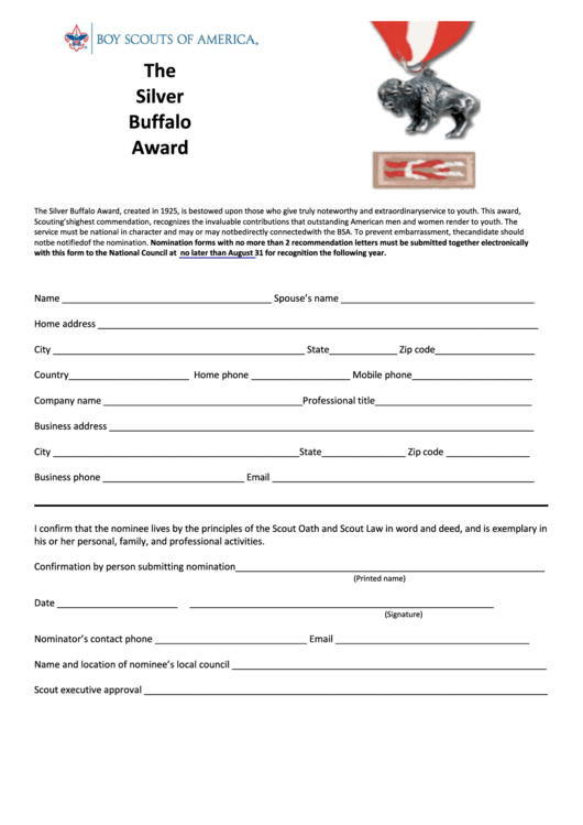 Fillable Bsa The Silver Buffalo Award Nomination Form Printable pdf