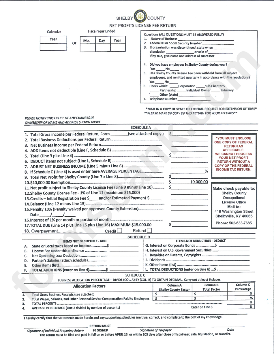 Net Profit License Fee Return Shelby County printable pdf download