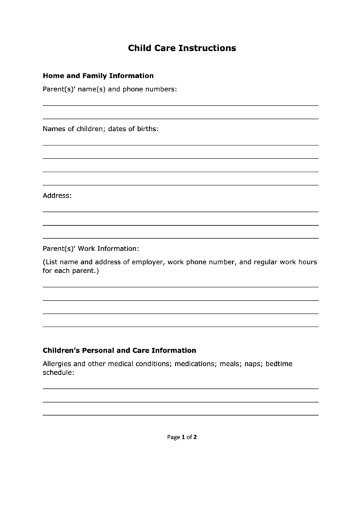Child Care Instructions Printable pdf