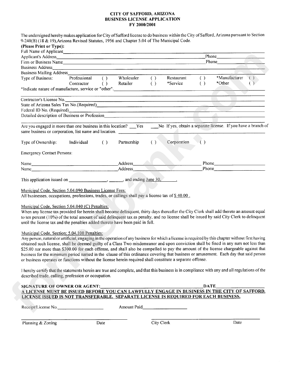 Business License Application - City Of Safford - 2000/2001