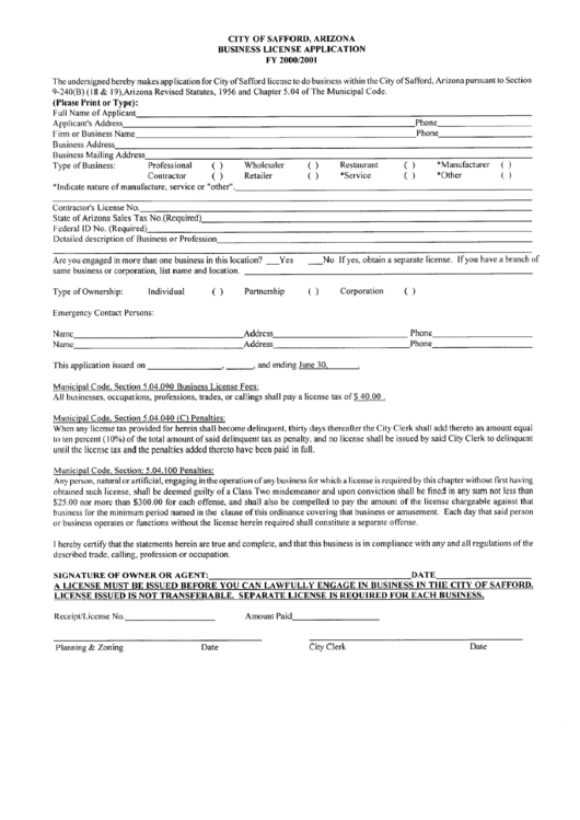 Business License Application - City Of Safford - 2000/2001 Printable pdf