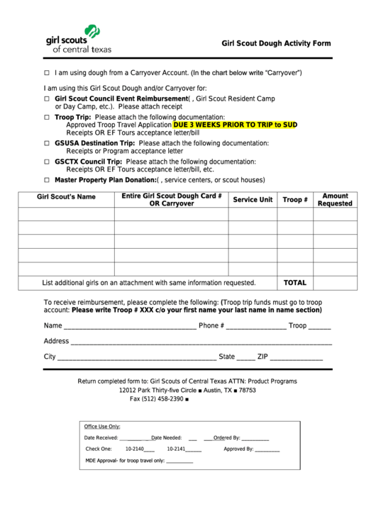 Girl Scout Dough Activity Form - Girl Scouts Of Central Texas Printable pdf