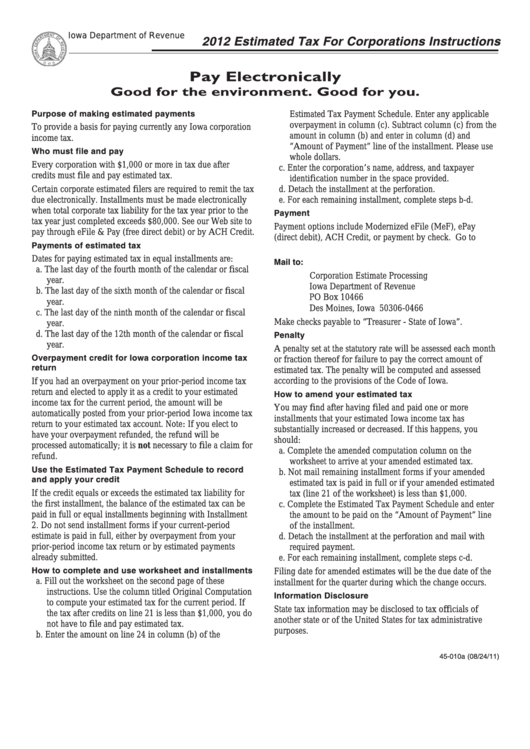 Form 45-010a - Corporation Estimated Income Worksheet - 2012 Printable pdf