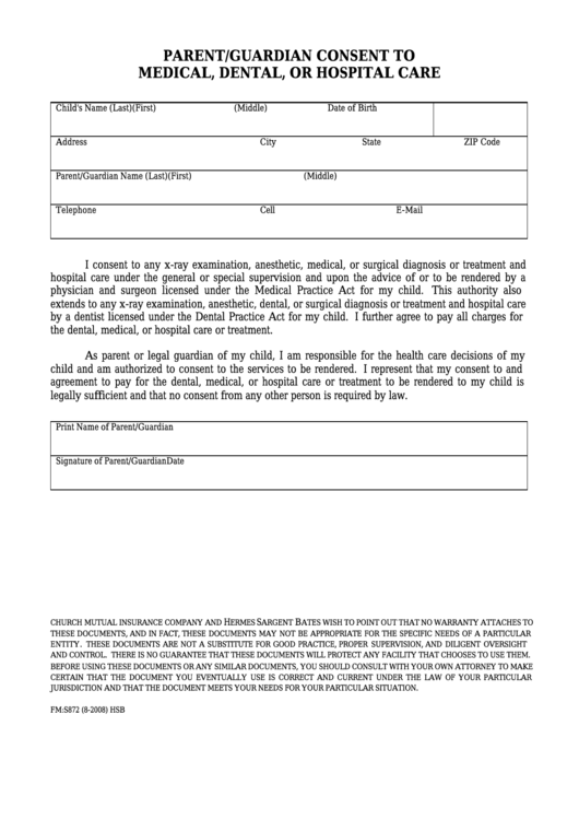 Form Fm S872 - Parent/guardian Consent To Medical, Dental, Or Hospital Care Printable pdf