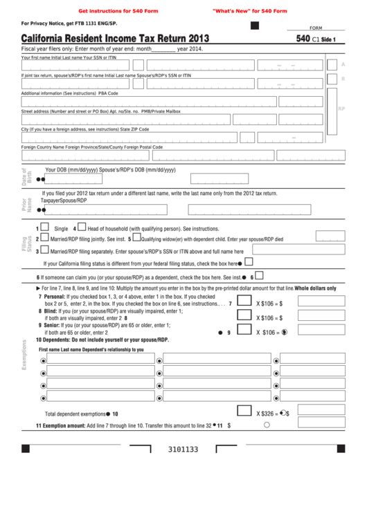 Fillable Form 540 - California Resident Income Tax Return - 2013 Printable pdf