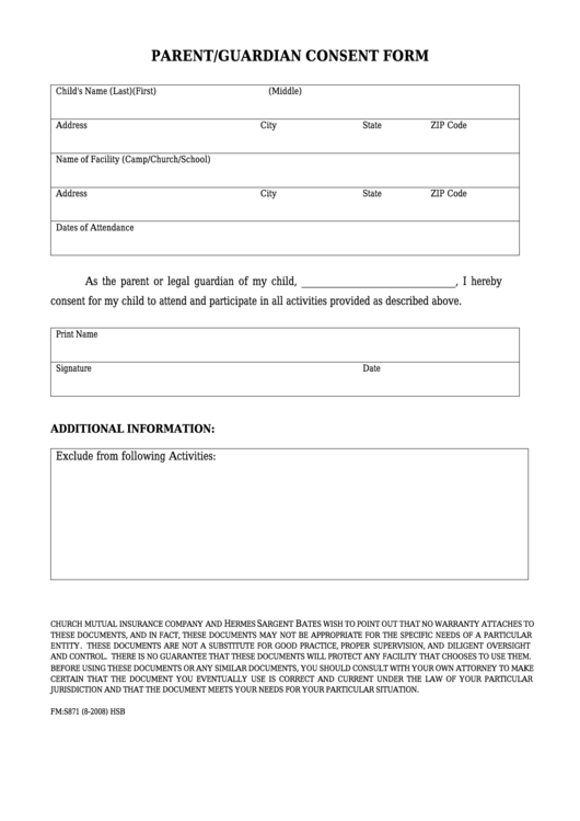 Form Fm S871 - Parent/guardian Consent Form Printable pdf