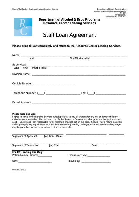 Form Dhcs 5018 - California Staff Loan Agreement - Health And Human Services Agency Printable pdf