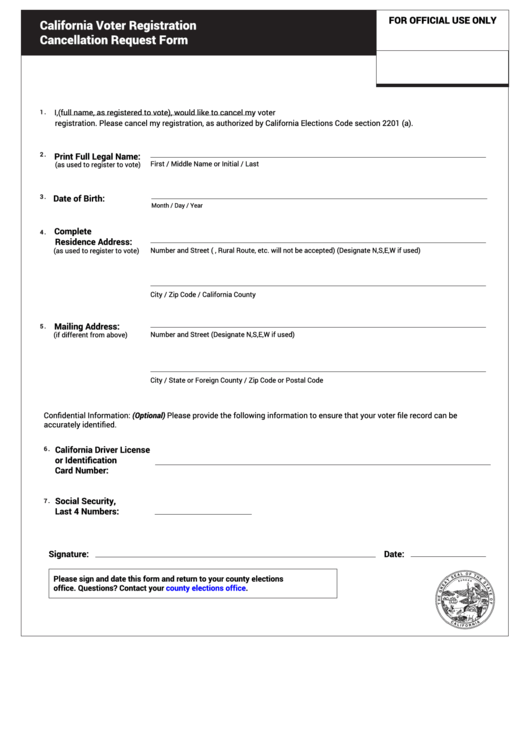 Fillable California Voter Registration Cancellation Request Form Printable pdf