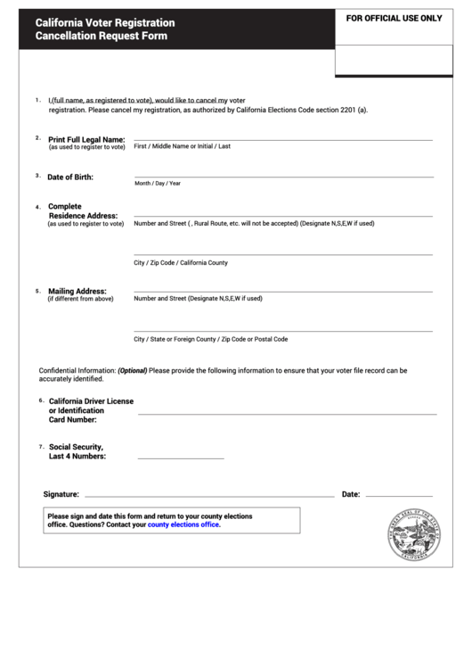 Fillable California Voter Registration Cancellation Request Form 