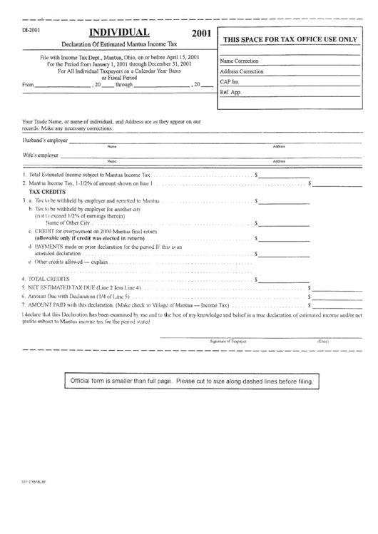 Form Di-2001 - Individual Declaration Of Estimated Mantua Income Tax - 2001 Printable pdf