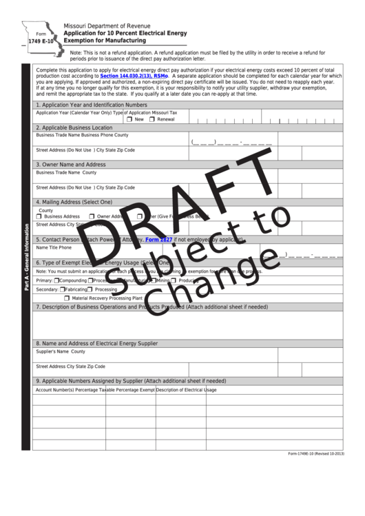Form 1749 E-10 - Application For 10 Percent Electrical Energy Exemption For Manufacturing Printable pdf
