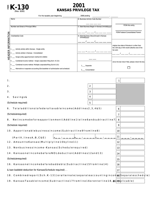 Form K-130 - Kansas Privilege Tax - 2001 Printable pdf