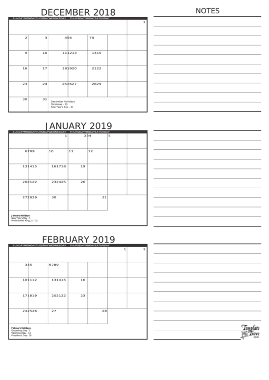December 2018, January And February 2019 Calendar Template With Notes ...
