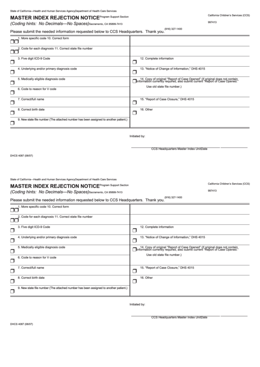 Fillable Form Dhcs 4087 - California Master Index Rejection Notice - Health And Human Services Agency Printable pdf