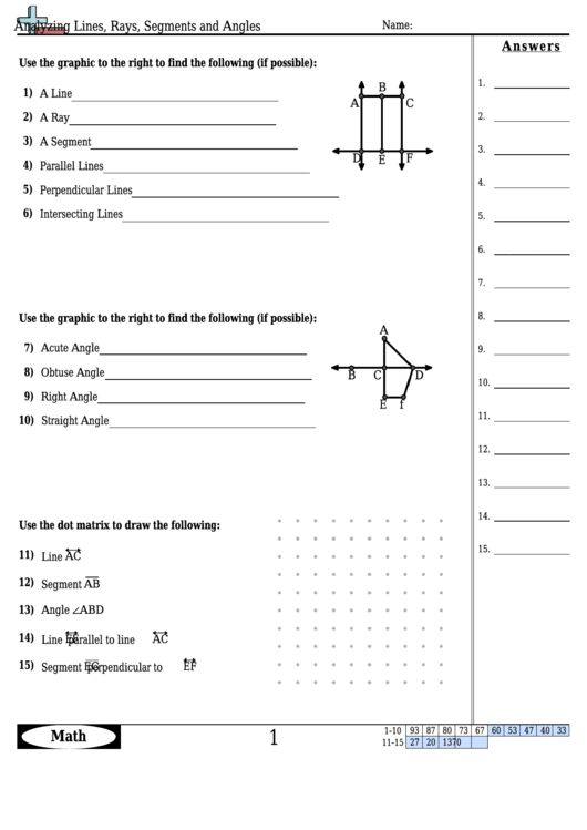 Analyzing Lines, Rays, Segments And Angles Worksheet Template With Answer Key Printable pdf