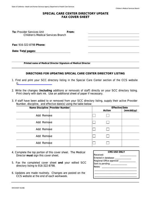 Fillable Form Dhcs4507 - California Special Care Center Directory Update Fax Cover Sheet - Health And Human Services Agency Printable pdf