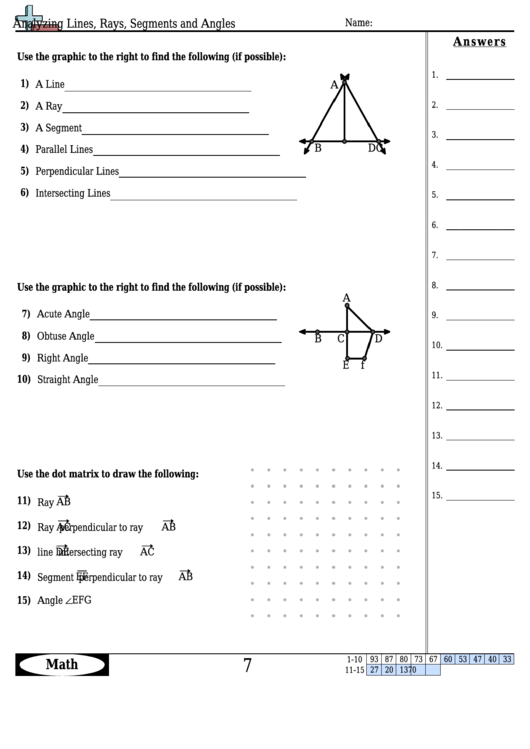 Analyzing Lines, Rays, Segments And Angles Worksheet Template With Answer Key Printable pdf