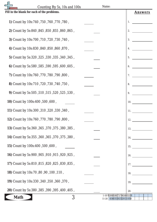 Counting By 5s, 10s And 100s Worksheet Template With Answer Key Printable pdf