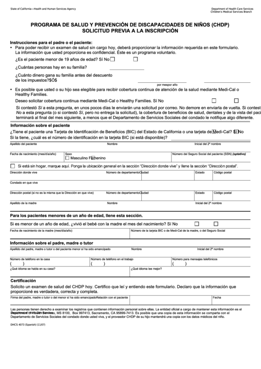 Form Dhcs 4073 - California Programa De Salud Y Prevencion De Discapacidades De Ninos (Chdp) Solicitud Previa A La Inscripcion - Health And Human Services Agency Printable pdf