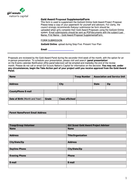 Fillable Gold Award Proposal Supplemental Form Printable pdf
