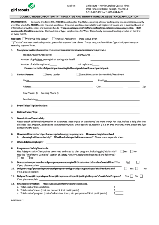 Fillable Form Pg320w - Council Wider Opportunity Trip Status And Troop Financial Assisstance Application Printable pdf